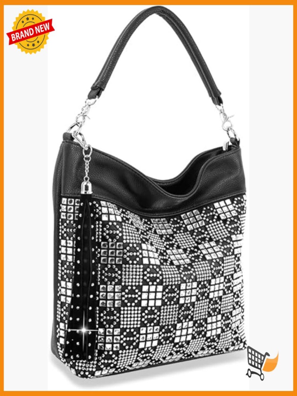 Rhinestone Patterned Hobo Handbag with Crossbody Strap, Fits Tablet